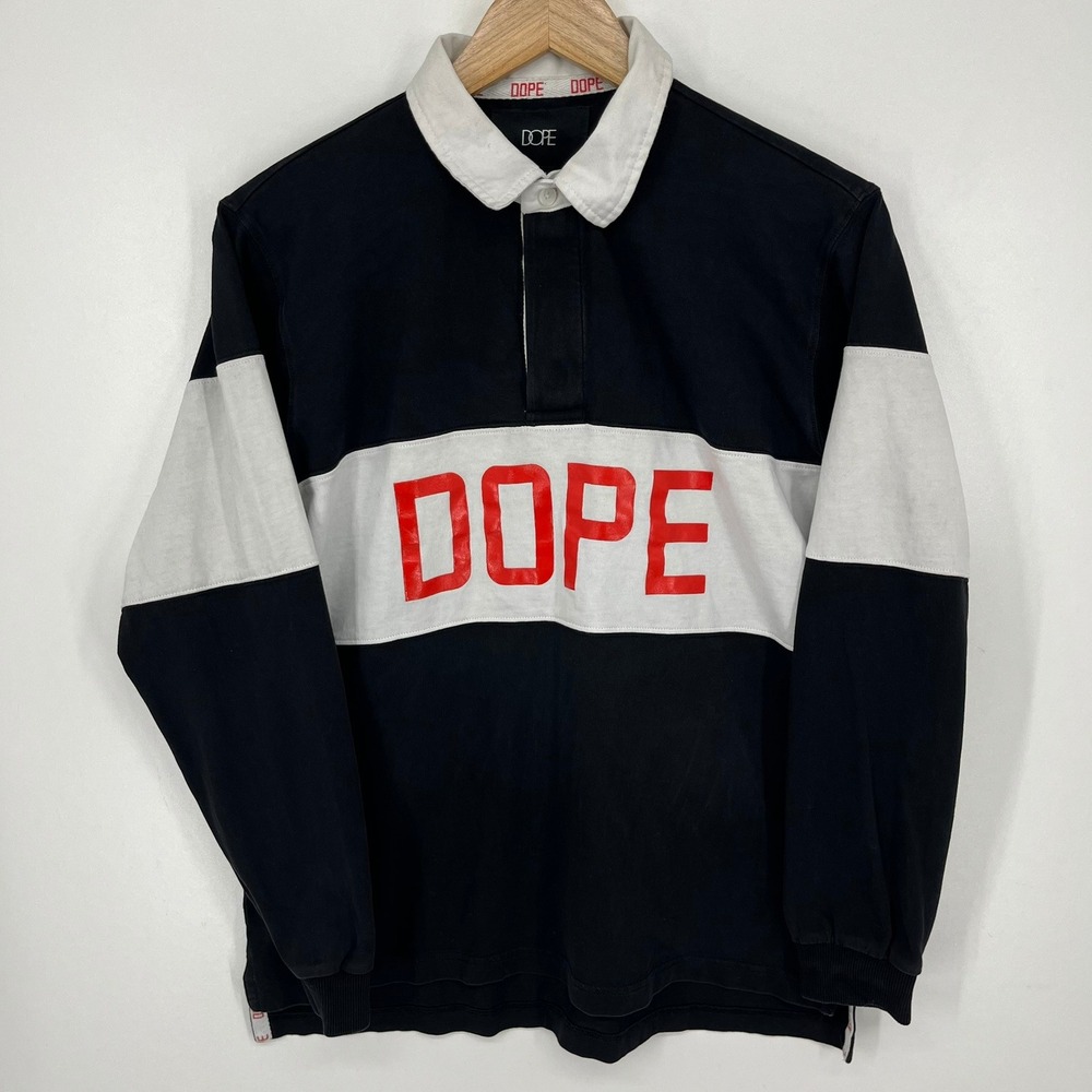 Dope Mens Long Sleeve Rugby Shirt Black White Red Logo Colorblock Medium